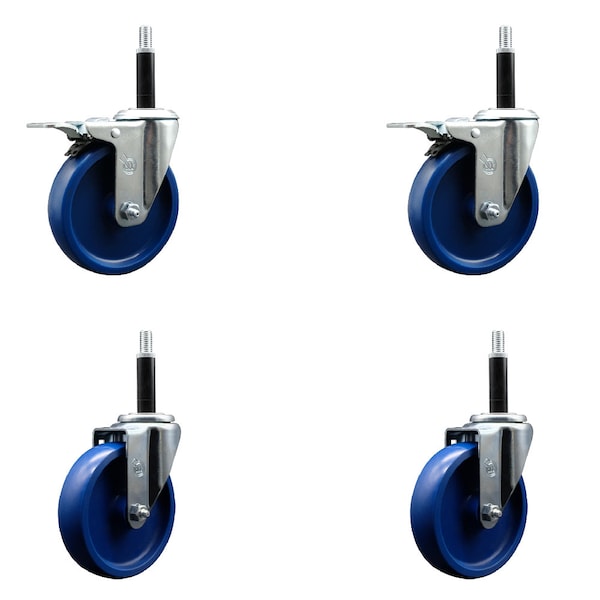 5'' Solid Poly Swivel 3/4'' Expanding Stem Caster Set 2 Total Lock Brakes, 4PK